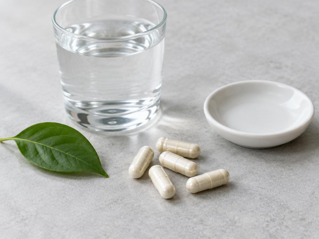 Illustrative capsules, water and a green leaf representing the importance of checking supplement ingredients